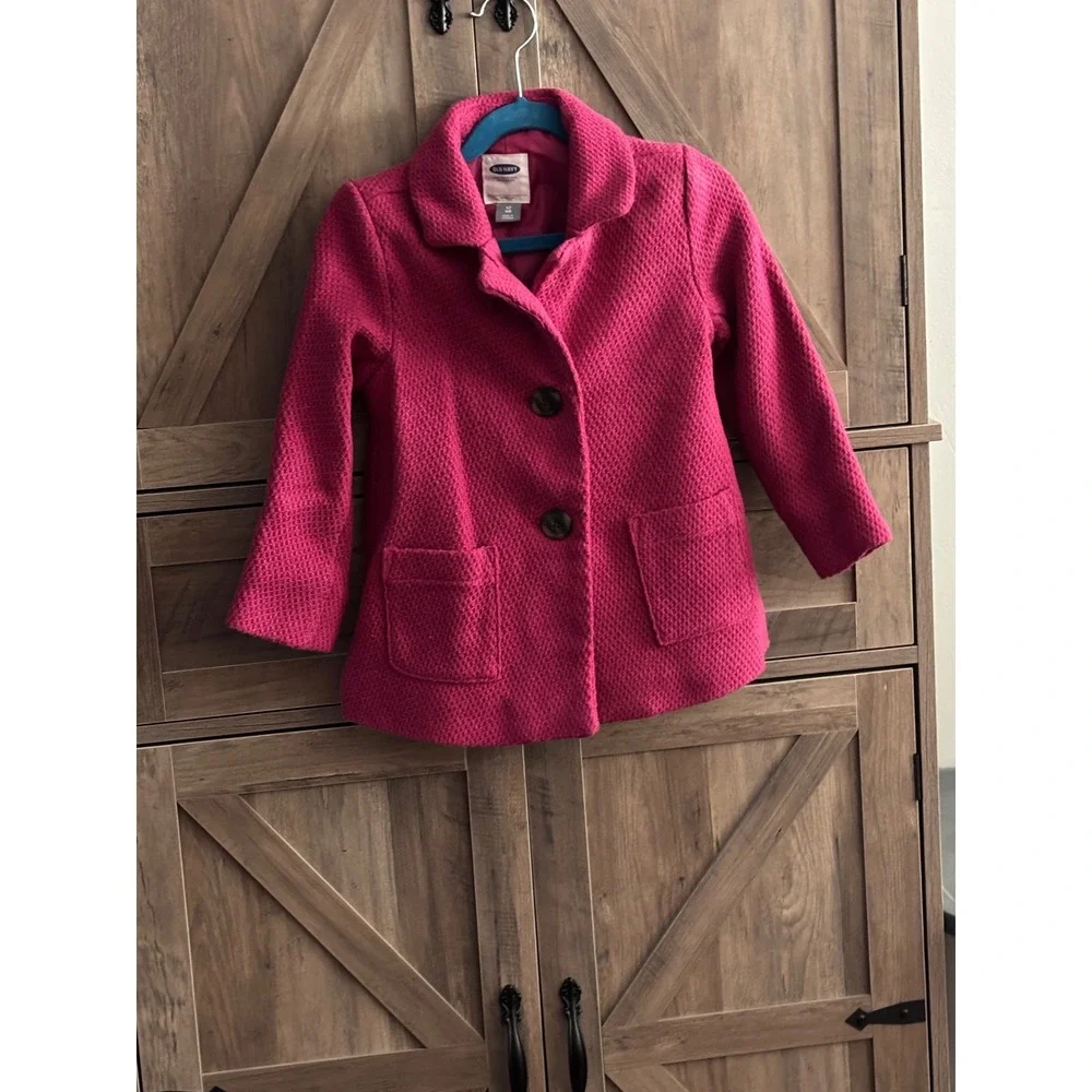 Old Navy Girls Pink Textured Pea Coat Jacket Magenta Size 4T Button Front Pocket